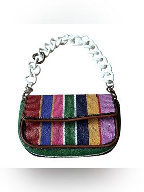STAUD Mini Tommy Striped Beaded Bag w/ White & Silver Chain Strap